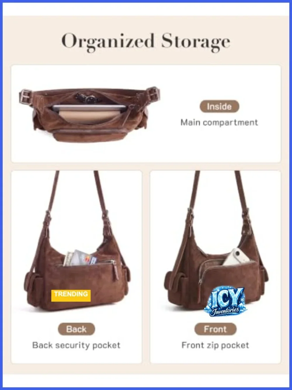 Faux Suede Hobo Bag Women Crossbody Shoulder Handbag Multi Pockets